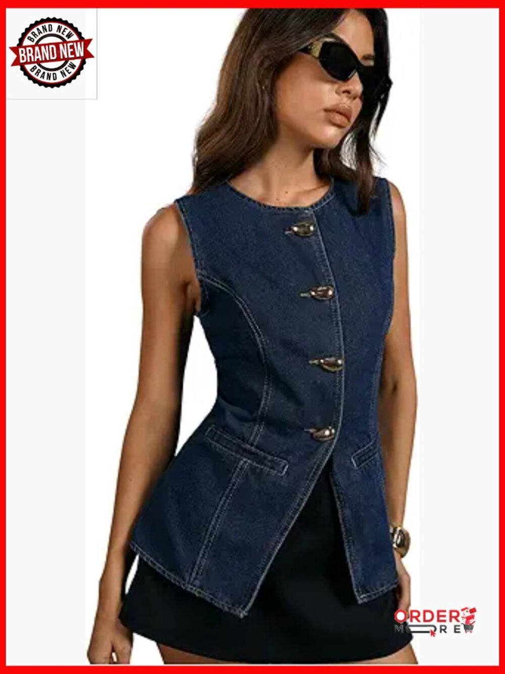 Women's Denim Vest Button Up Sleeveless Crew Neck Slim Fit Waistcoat